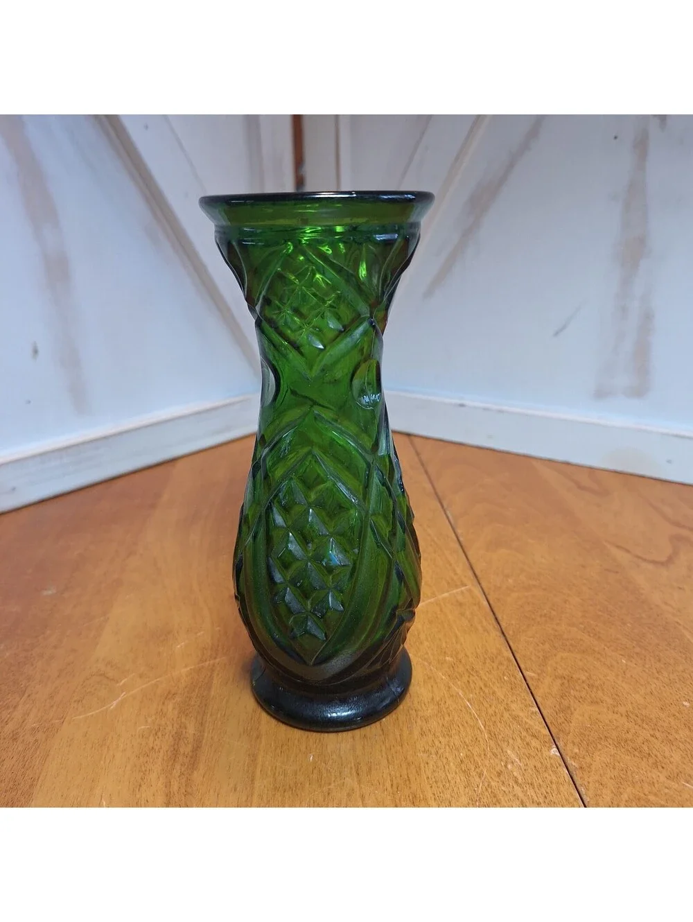Emerald Green Cut Glass Footed Bud Flower Vase 6.5